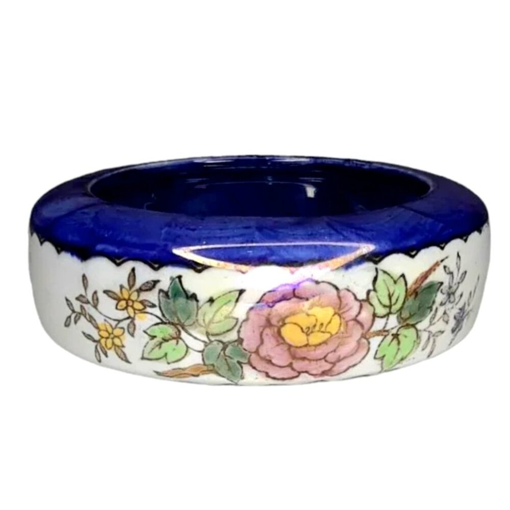 Vintage Maling Peony Rose Small Bowl Blue Wave Pattern with Flowers Lust…
